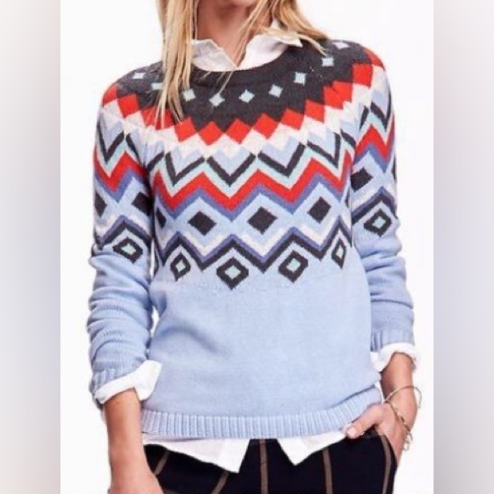 Old Navy Fair Isle Sweater Size S Diamonds High-Low Crew Neck Falling Water